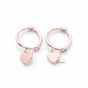 Sterling Silver One-Touch Hoop Earrings with Dangle Heart - Rose Gold