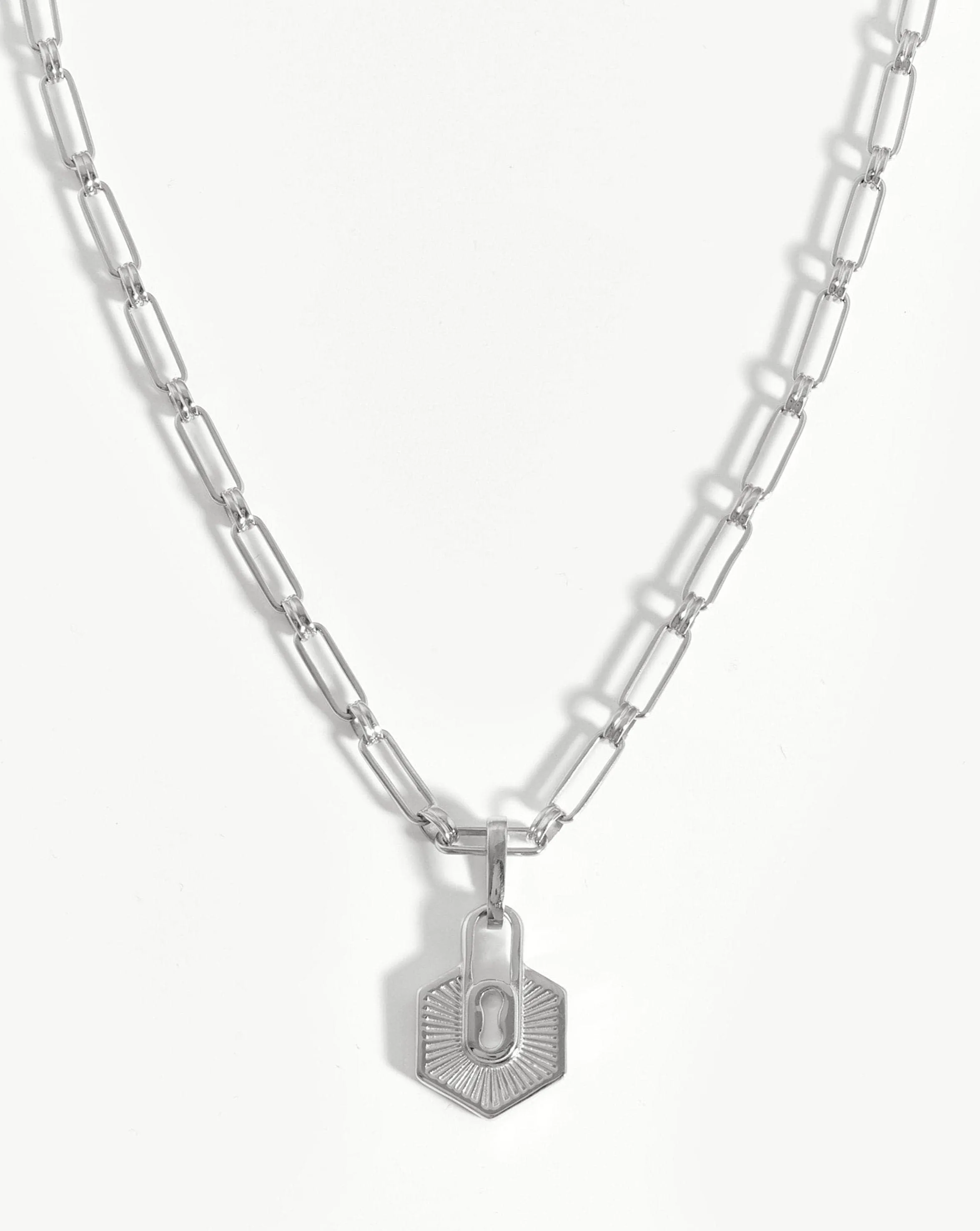 Textured Padlock Chain Necklace | Silver Plated