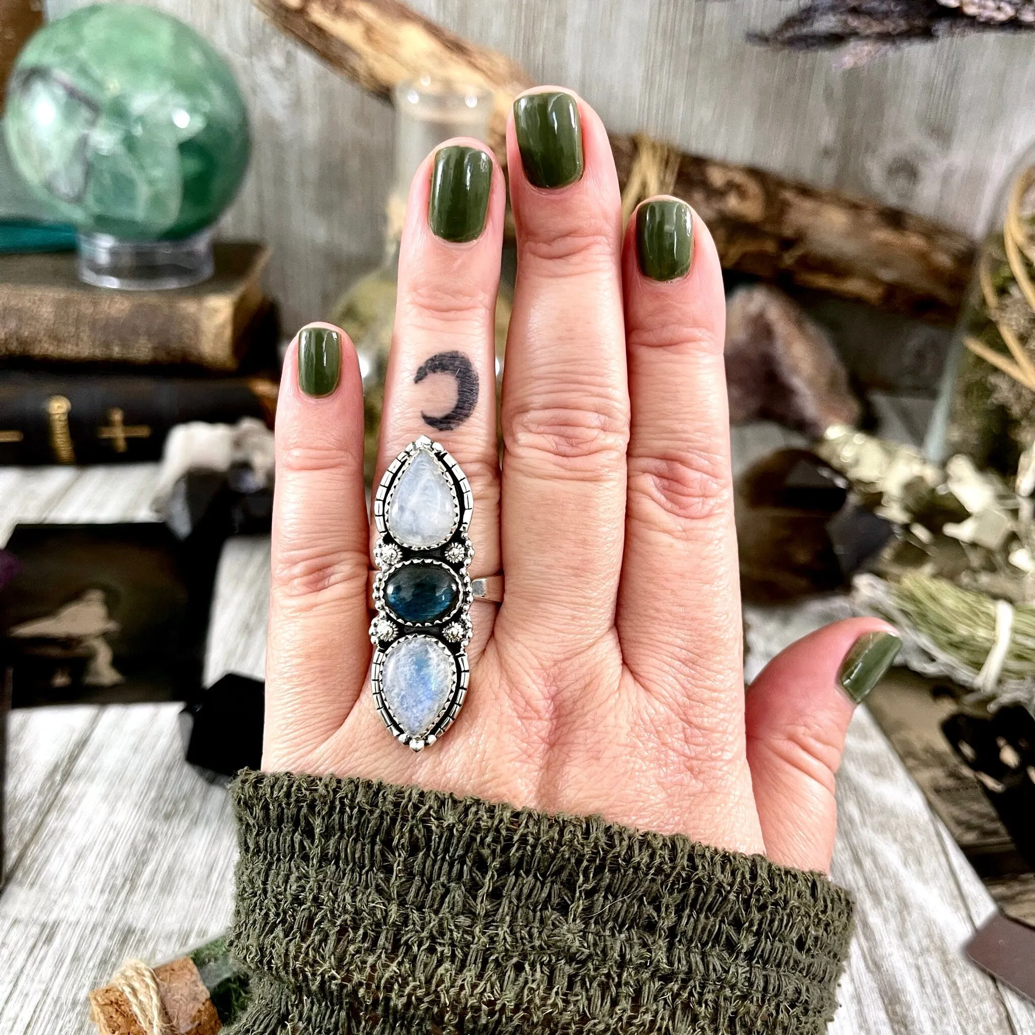 Three Stone Rainbow Moonstone and Labradorite Crystal Ring in Sterling Silver- Designed by FOXLARK Collection Adjustable to Size 6 7 8 9