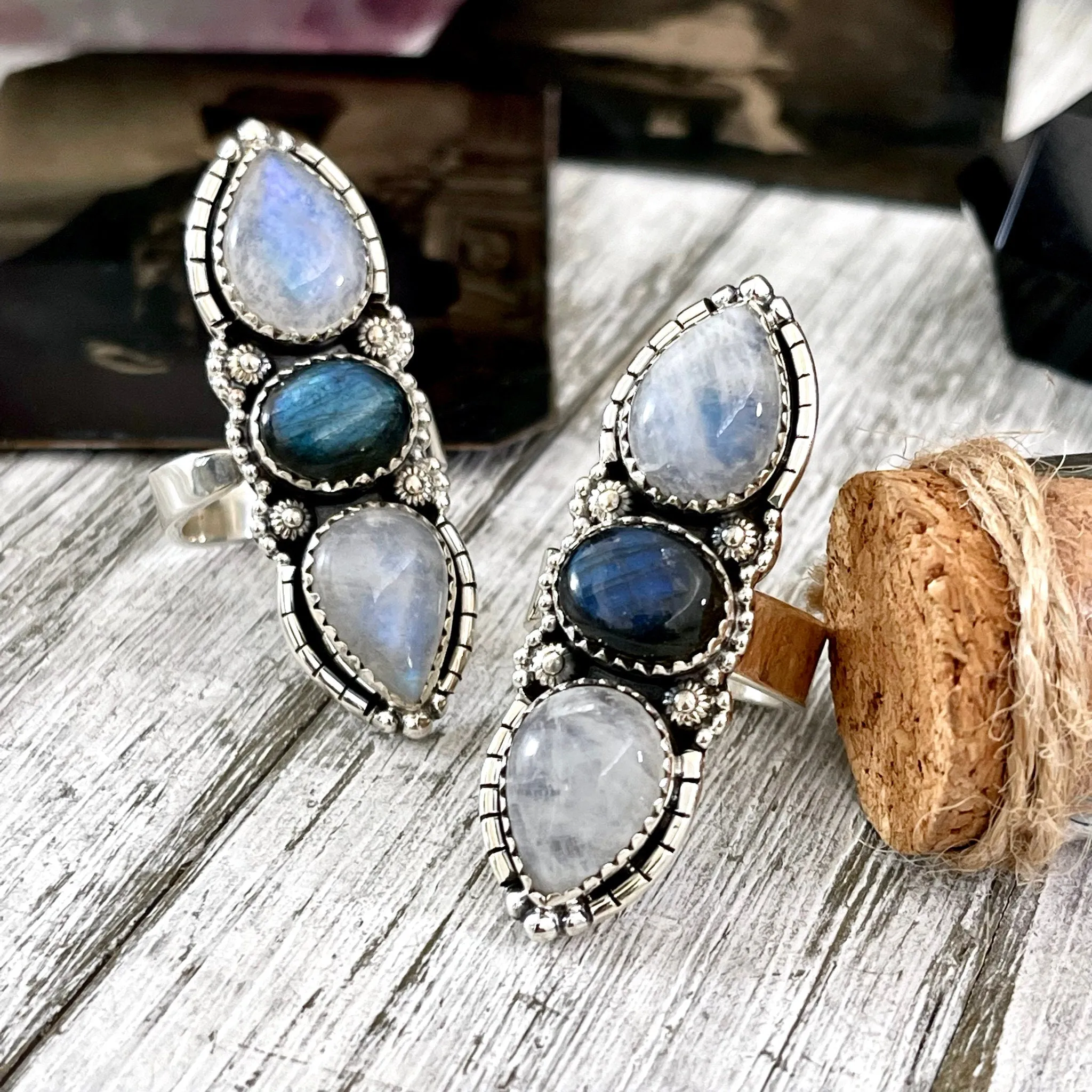 Three Stone Rainbow Moonstone and Labradorite Crystal Ring in Sterling Silver- Designed by FOXLARK Collection Adjustable to Size 6 7 8 9