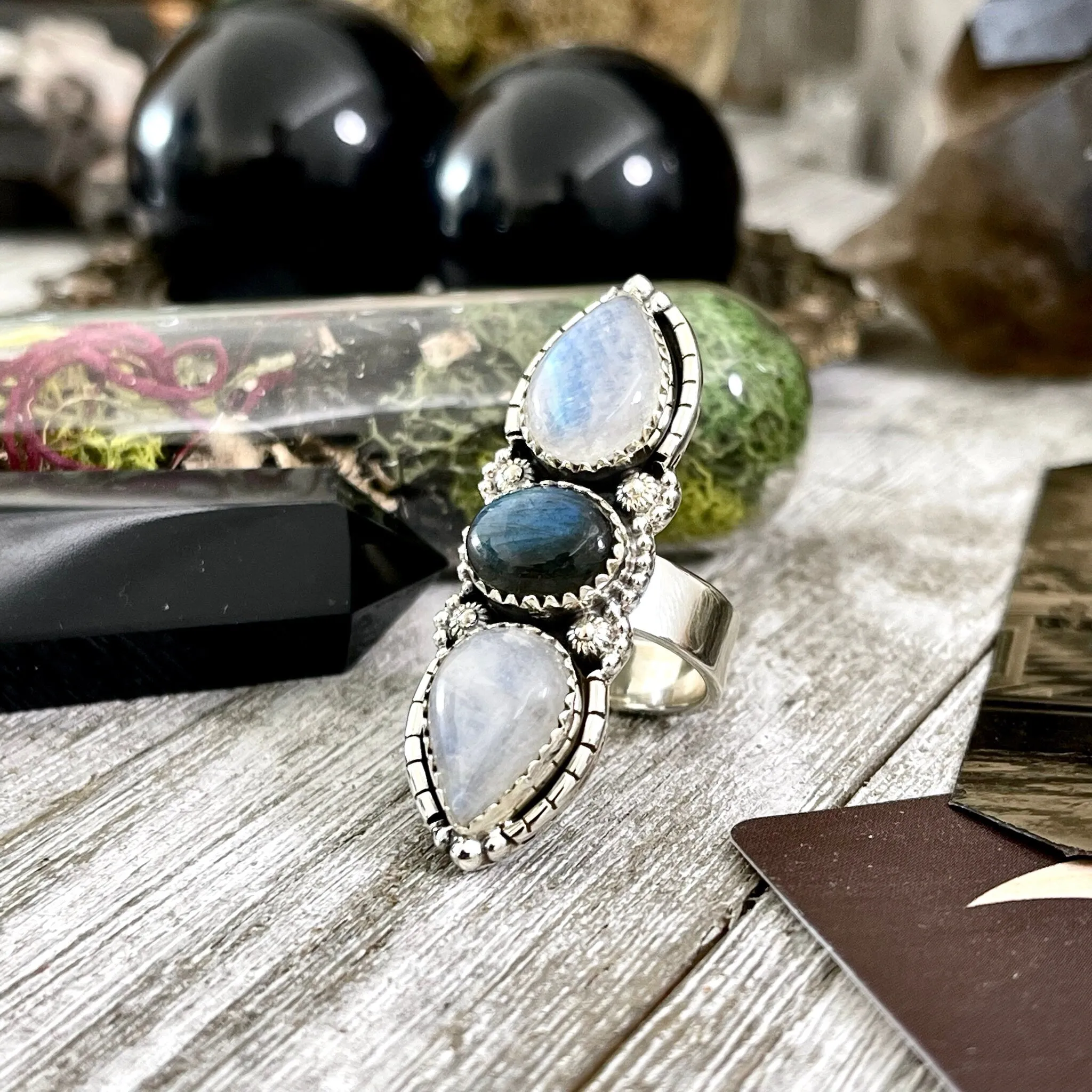 Three Stone Rainbow Moonstone and Labradorite Crystal Ring in Sterling Silver- Designed by FOXLARK Collection Adjustable to Size 6 7 8 9