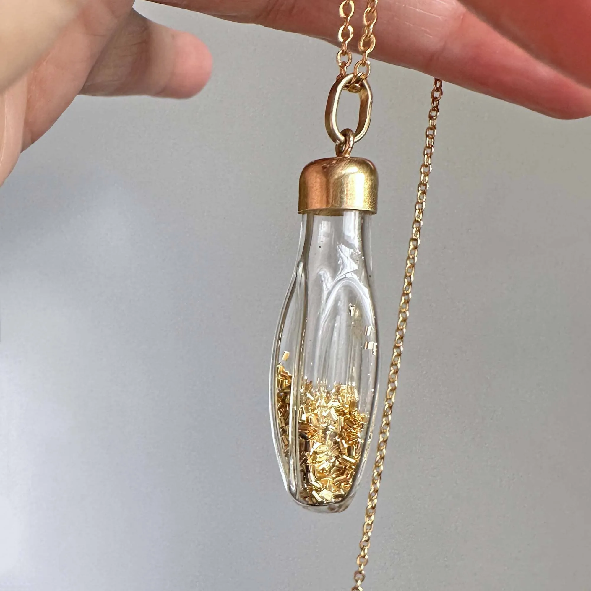 Vintage 14K Gold Flakes Glass Shaker Bottle Pendant